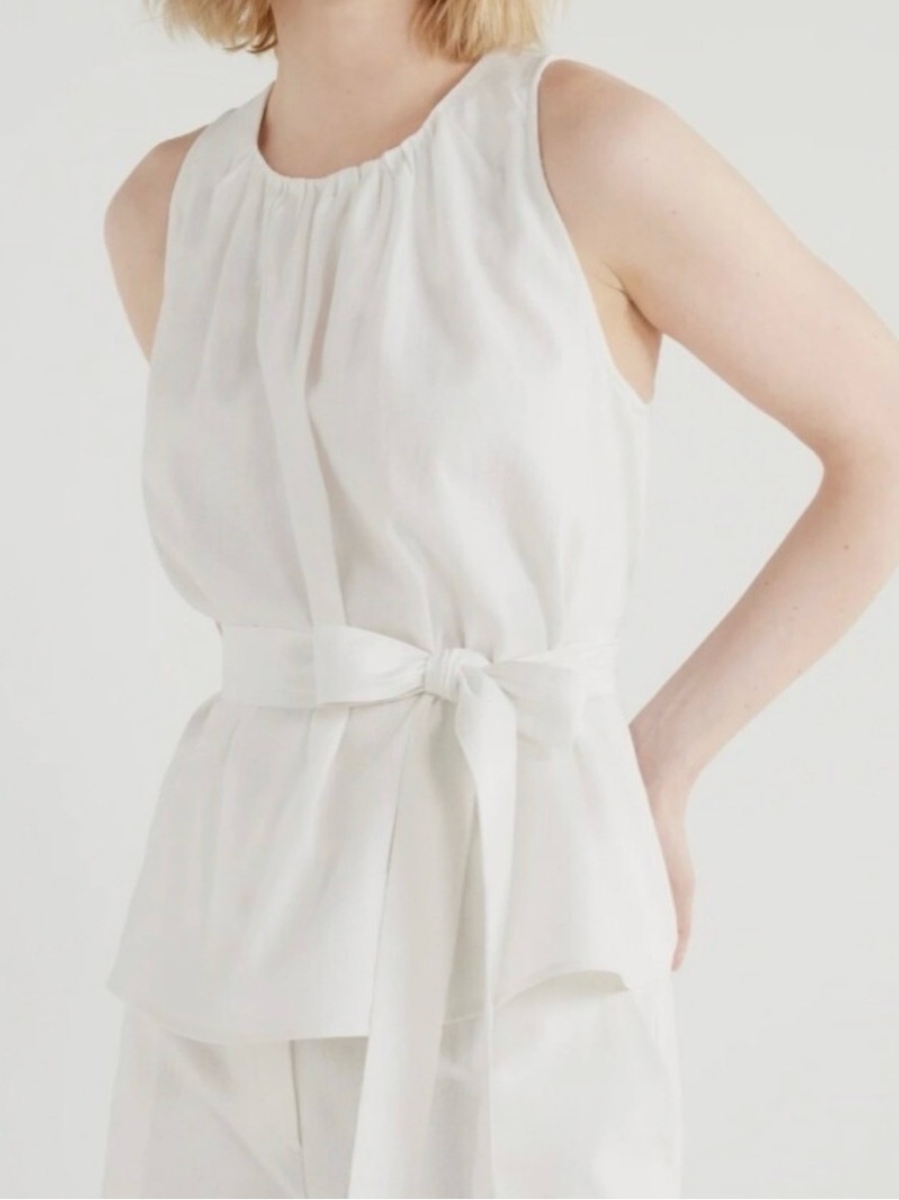 Scoop High Neck Belted Tie Waist Flowy Linen Blend Sleeveless Top